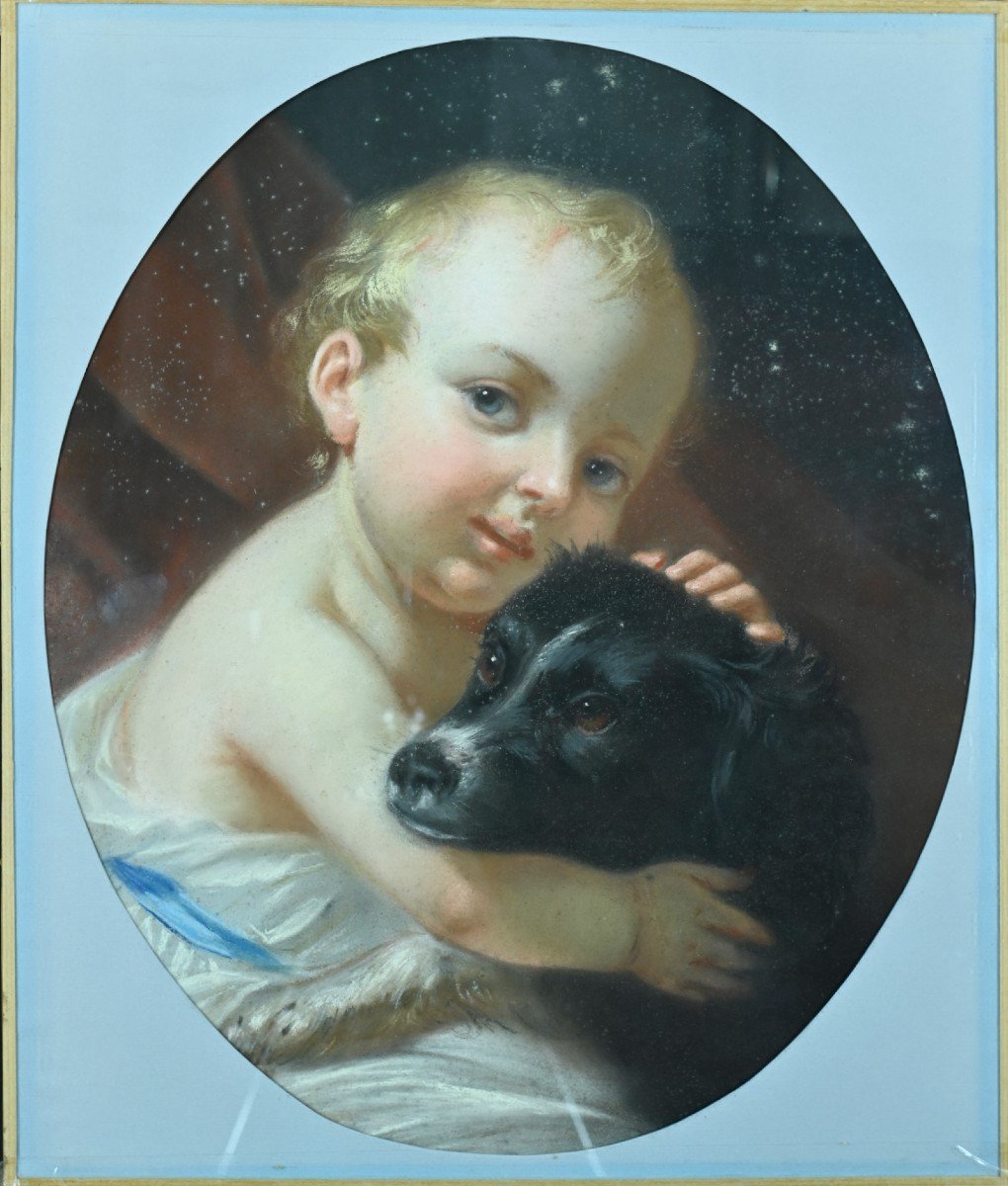 Tableau Ancien Pastel Amour Portrait Chien Compagnon Bébé Enfant Chérubin Pastel 18 ème-photo-3