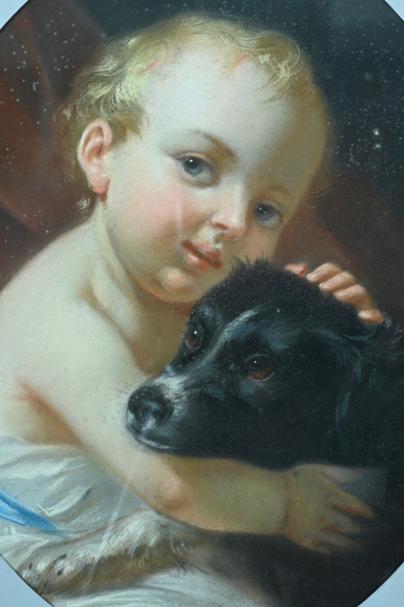 Tableau Ancien Pastel Amour Portrait Chien Compagnon Bébé Enfant Chérubin Pastel 18 ème-photo-4