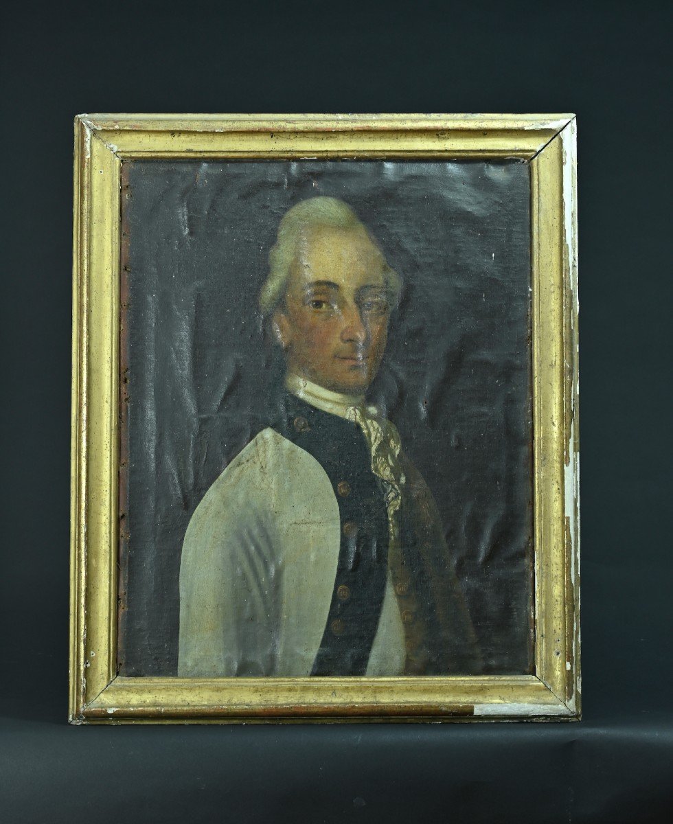 Tableau Ancien Portrait d'Homme De Qualité Louis XV Costume Cadre Bois Doré Hst-photo-7