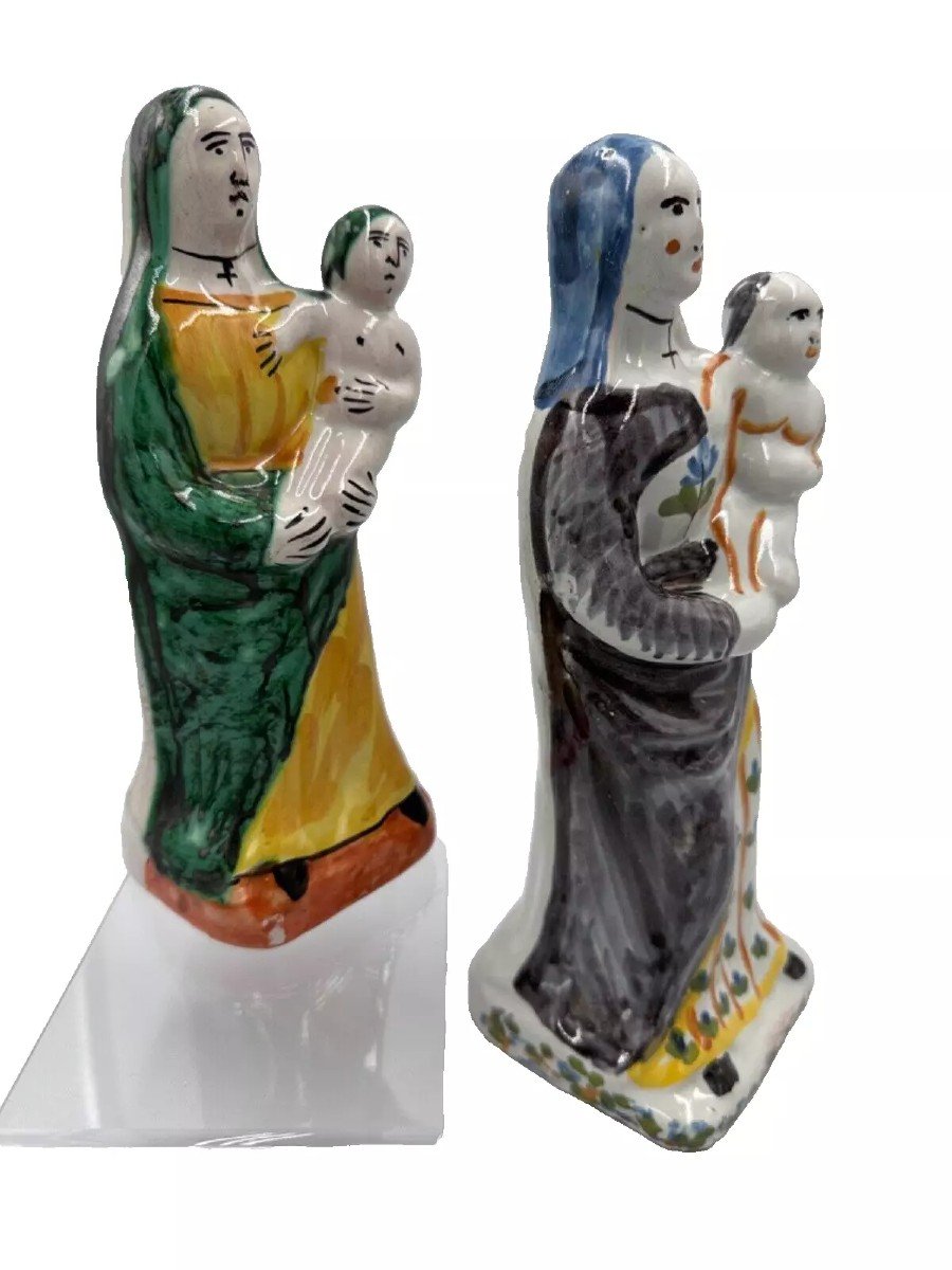 Old 18th Century Nevers Earthenware Virgin Mary And Child Malicorne Religion X2-photo-3