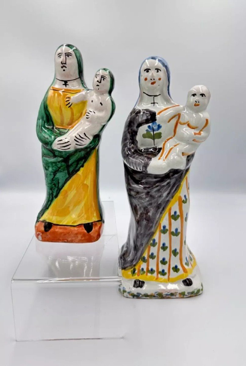 Old 18th Century Nevers Earthenware Virgin Mary And Child Malicorne Religion X2-photo-4