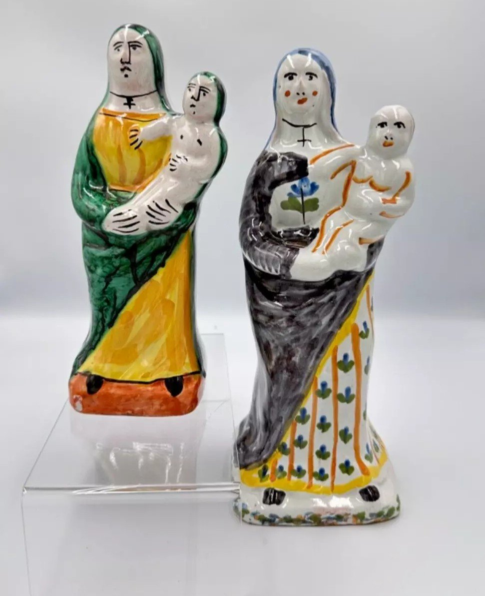 Old 18th Century Nevers Earthenware Virgin Mary And Child Malicorne Religion X2