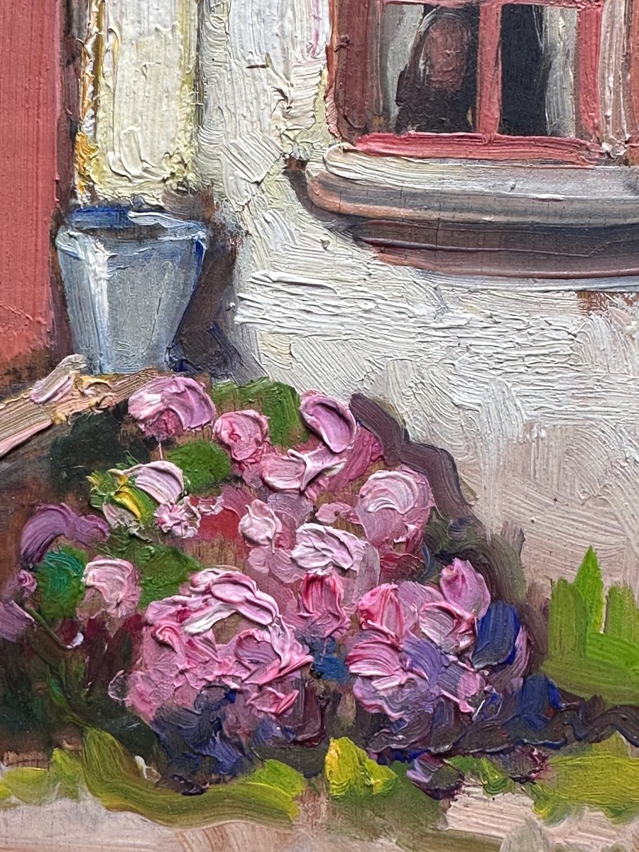 Jeanne Prin Ancien Tableau Breton Vue De Maison Façade Cour Jardin Nature Morte Morbihan -photo-2