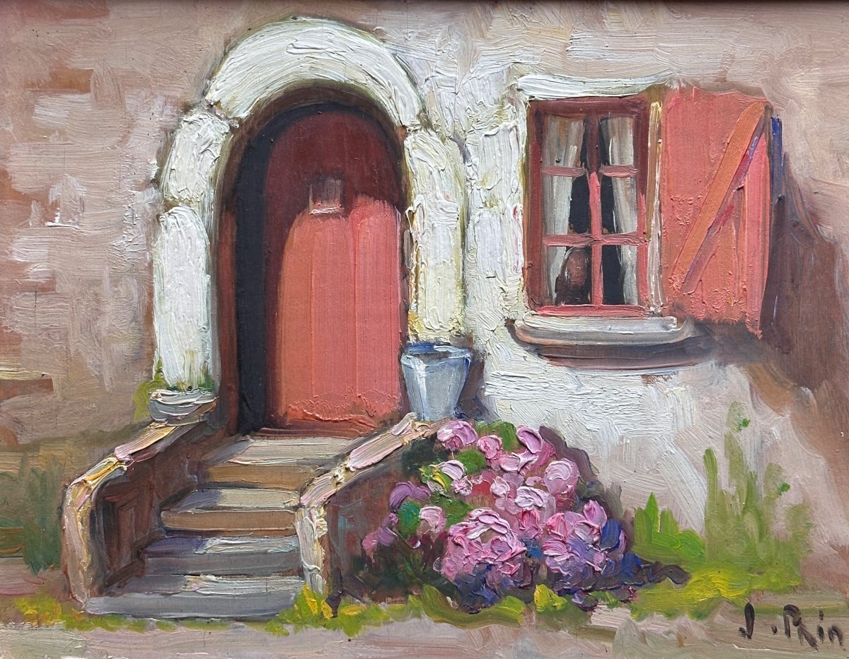 Jeanne Prin Ancien Tableau Breton Vue De Maison Façade Cour Jardin Nature Morte Morbihan -photo-4