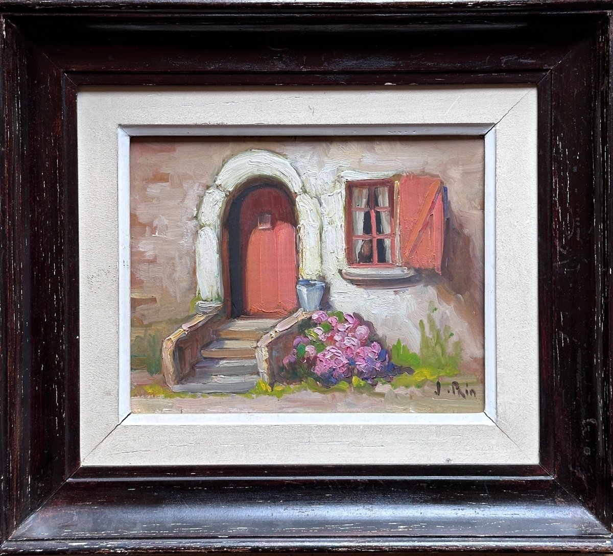 Jeanne Prin Ancien Tableau Breton Vue De Maison Façade Cour Jardin Nature Morte Morbihan -photo-2