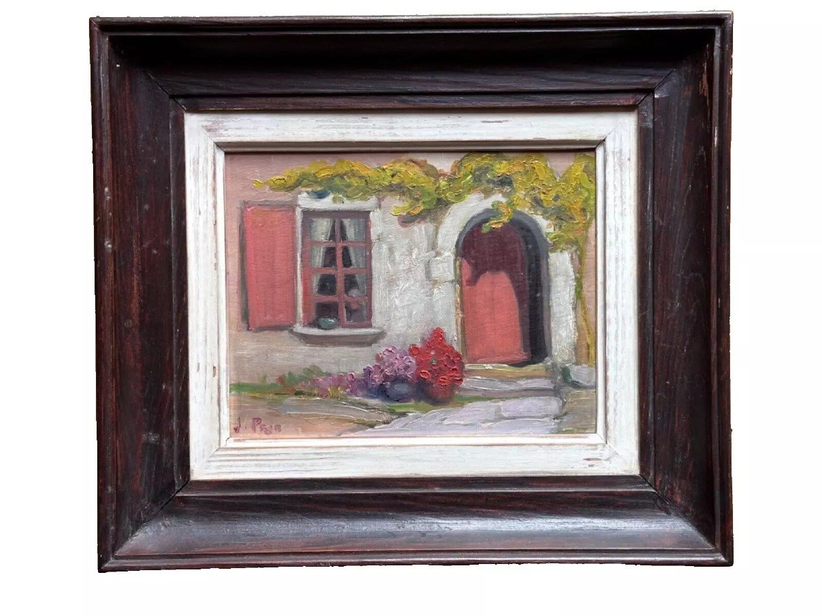 Ancien Tableau Breton Vue De Maison Façade Cour Jardin Nature Morte Jeanne Prin Rochefort -photo-4