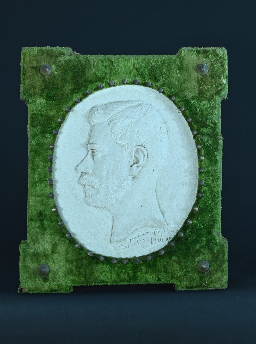 Old Portrait Man Profile Plaster Medallion 19th Bas Relief Signed Sculpture-photo-3