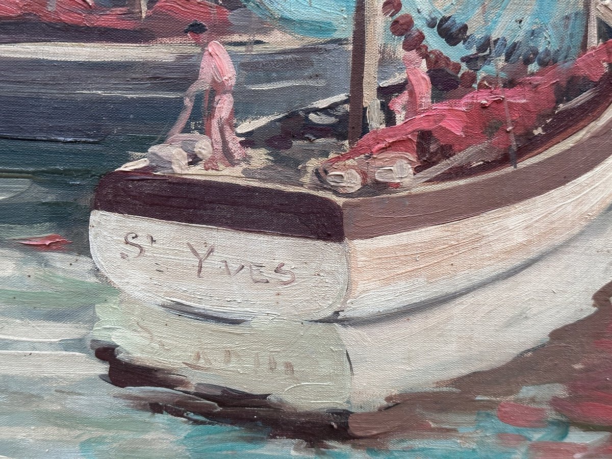 Tableau  Paysage Marine Bretagne Port De Bénodet Bateaux Pêche Toile 1930 Breton Signé-photo-2