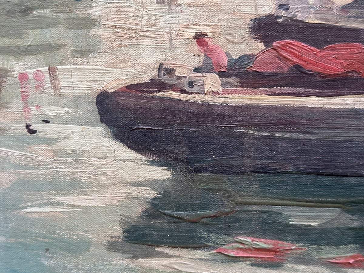 Tableau  Paysage Marine Bretagne Port De Bénodet Bateaux Pêche Toile 1930 Breton Signé-photo-1