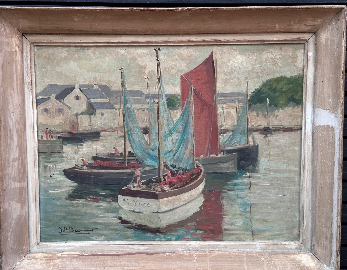 Tableau  Paysage Marine Bretagne Port De Bénodet Bateaux Pêche Toile 1930 Breton Signé-photo-4