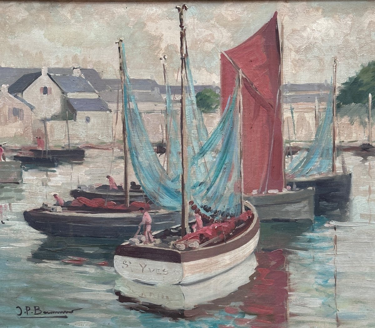 Tableau  Paysage Marine Bretagne Port De Bénodet Bateaux Pêche Toile 1930 Breton Signé-photo-6