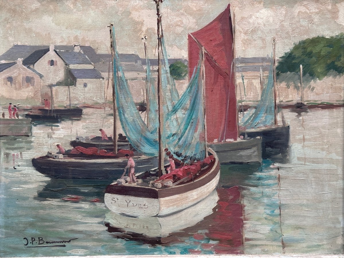 Tableau  Paysage Marine Bretagne Port De Bénodet Bateaux Pêche Toile 1930 Breton Signé