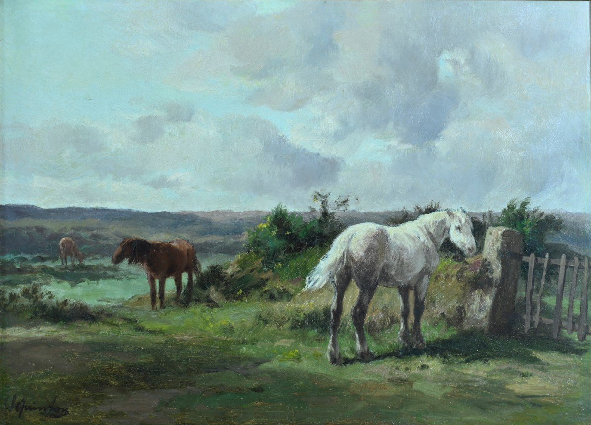 Clément Quinton  Tableau Portrait Chevaux Paysage Ciel Barbizon Barrière 19ème Huil cadre -photo-4