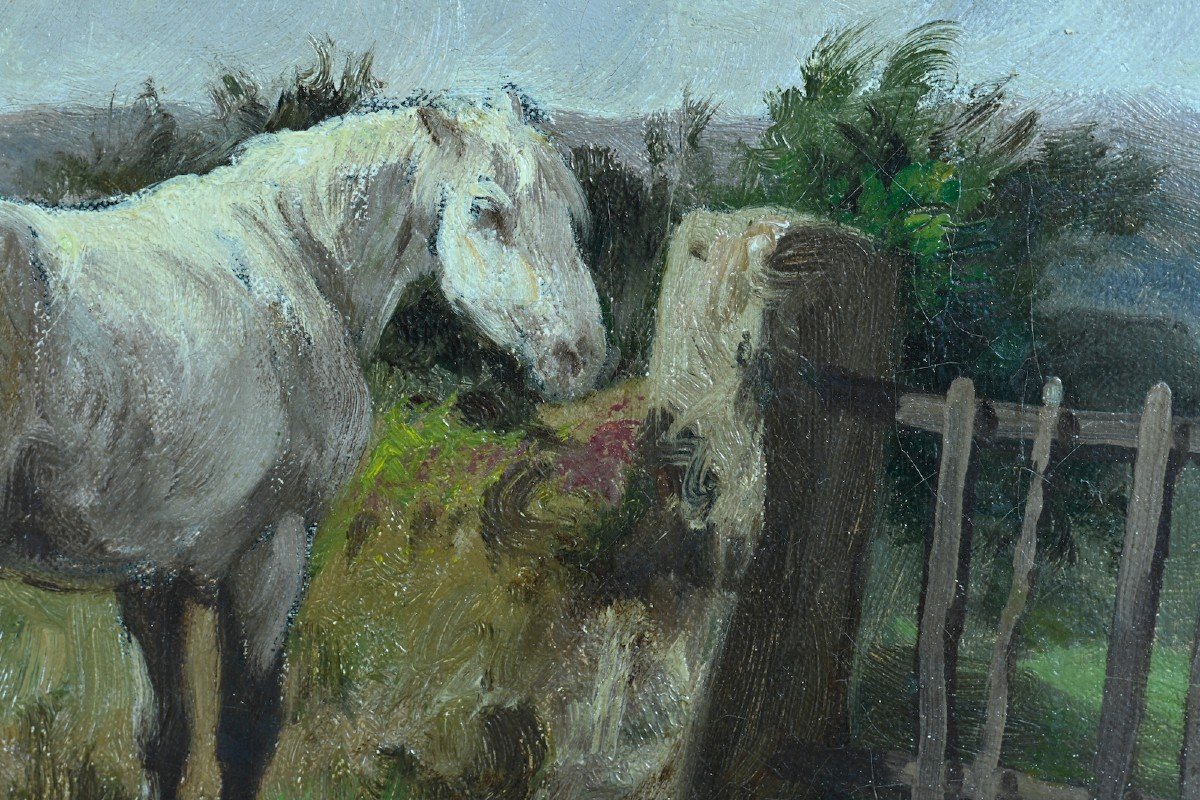 Clément Quinton  Tableau Portrait Chevaux Paysage Ciel Barbizon Barrière 19ème Huil cadre -photo-4