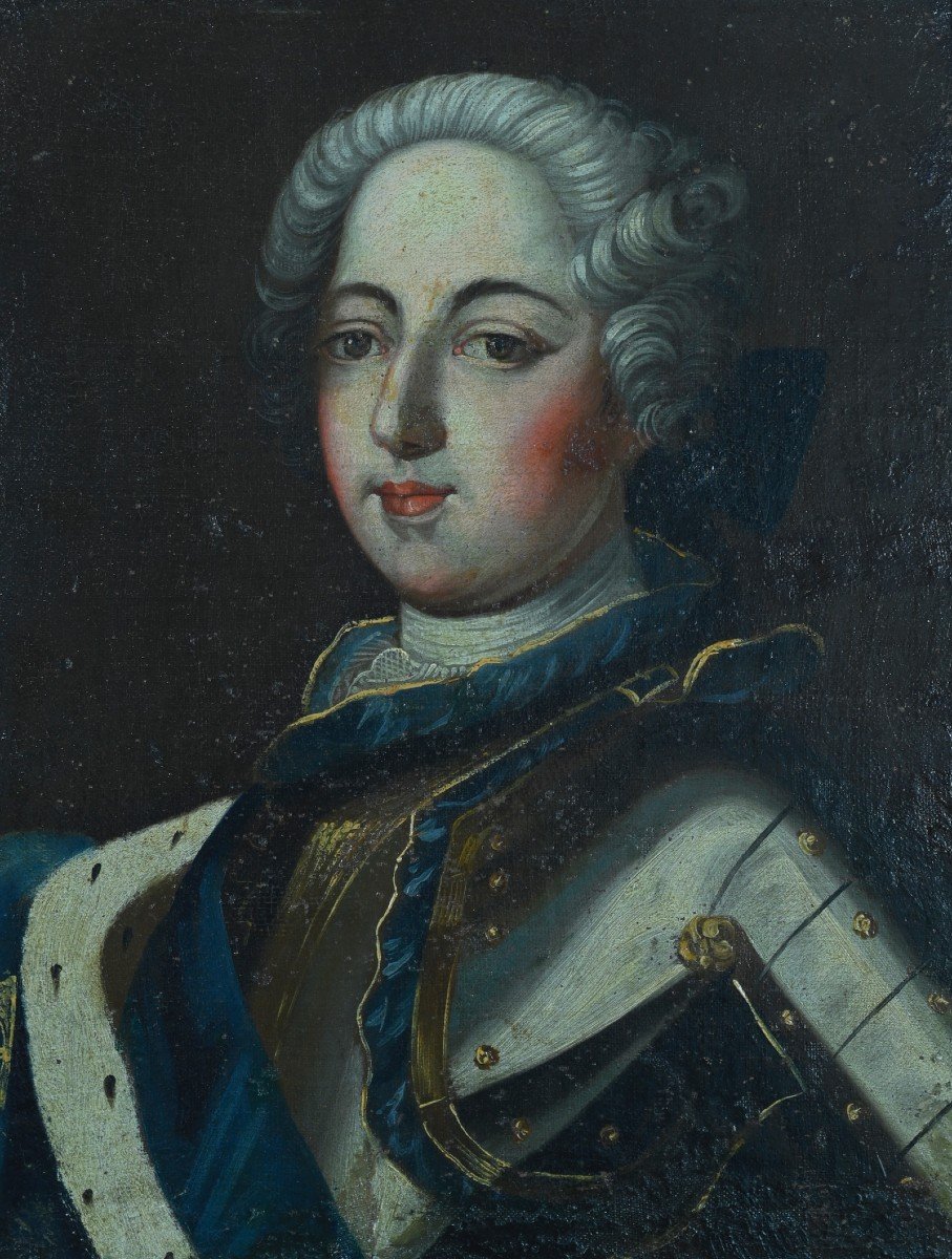 Painting Portrait Young Man In Armor Ermine Bust Sv Gobert 18th France King Louis XV Lys -photo-2