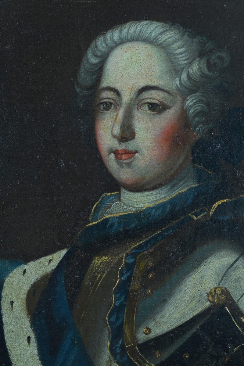 Painting Portrait Young Man In Armor Ermine Bust Sv Gobert 18th France King Louis XV Lys -photo-3