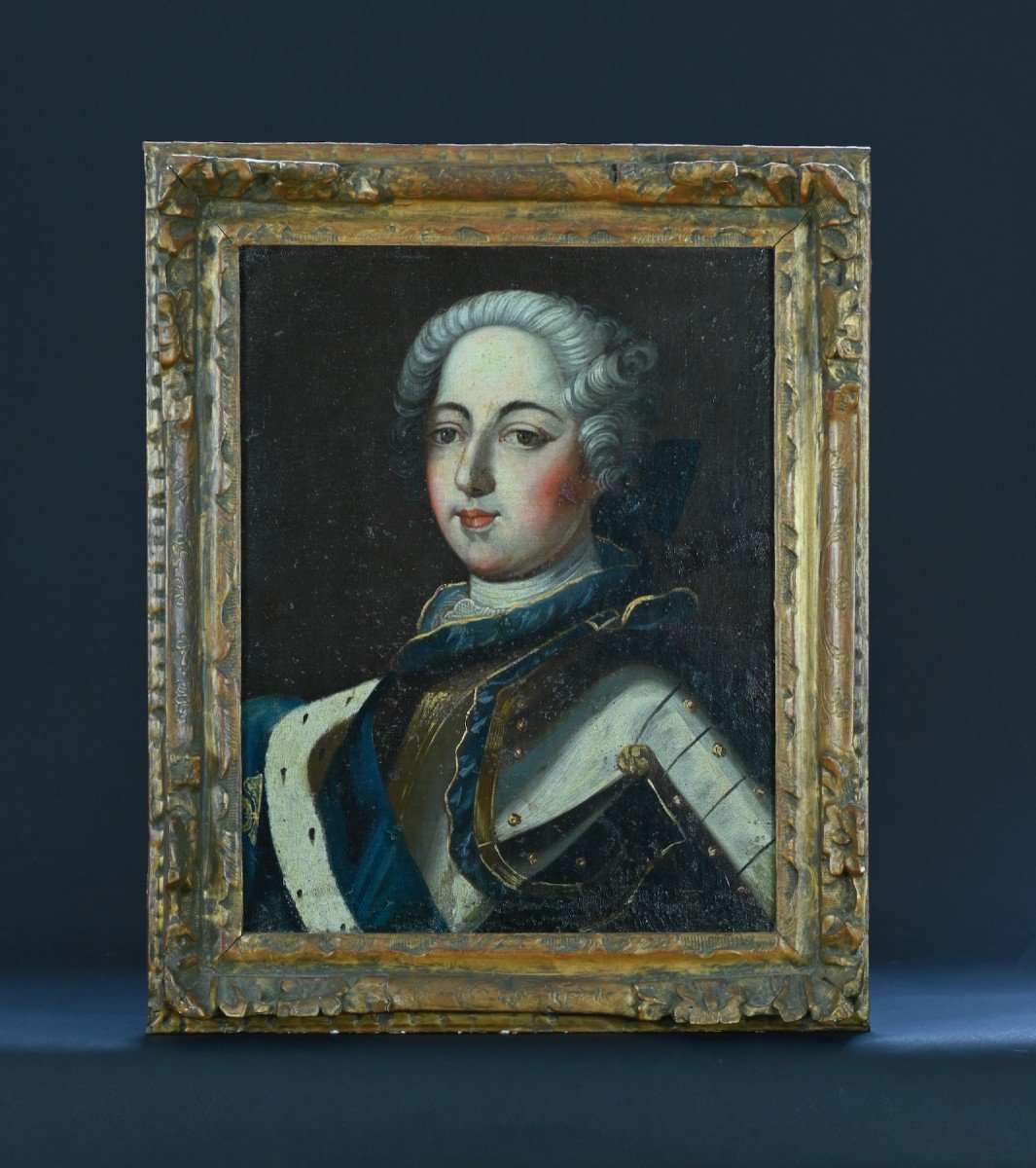 Painting Portrait Young Man In Armor Ermine Bust Sv Gobert 18th France King Louis XV Lys -photo-7