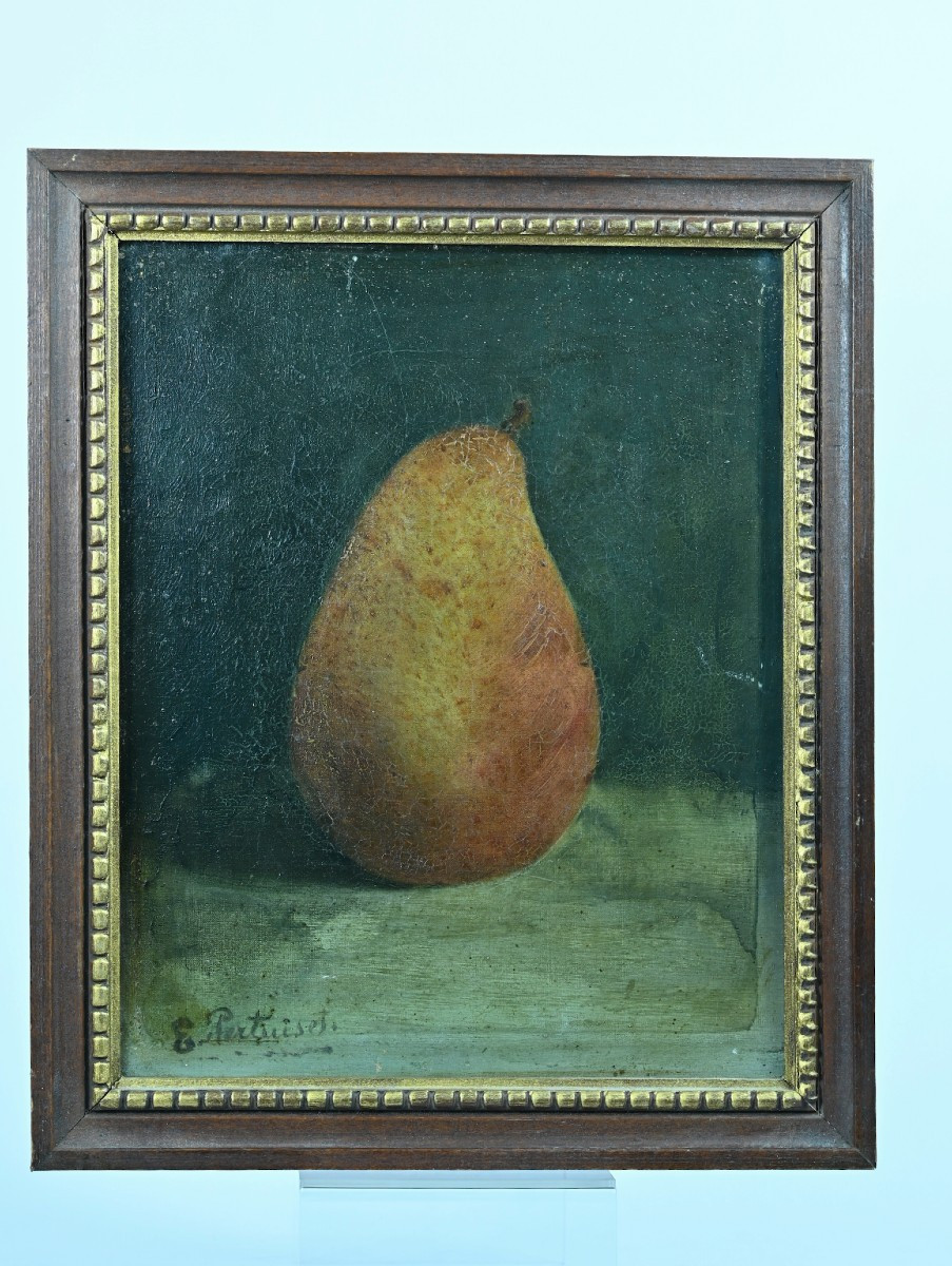 Pertuiset. Antique Painting Still Life With Fruit Pear On An Entablature Sv Chardin 19th-photo-3