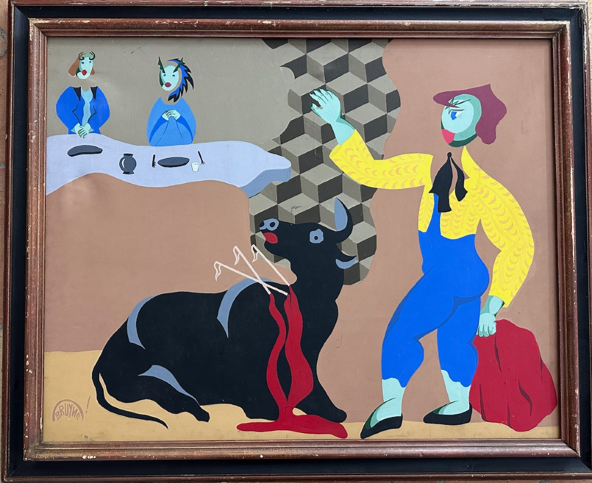 Large Modern Painting Bullfighting Feria Expressionist Signed Bruyne 1950 Picador-photo-2