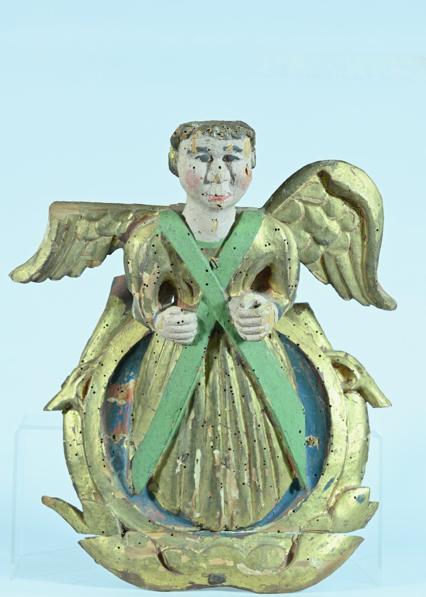 Antique Religious Wall Angel Gilded Wood Carved Polychrome 17th Baroque Saint Jacques -photo-2