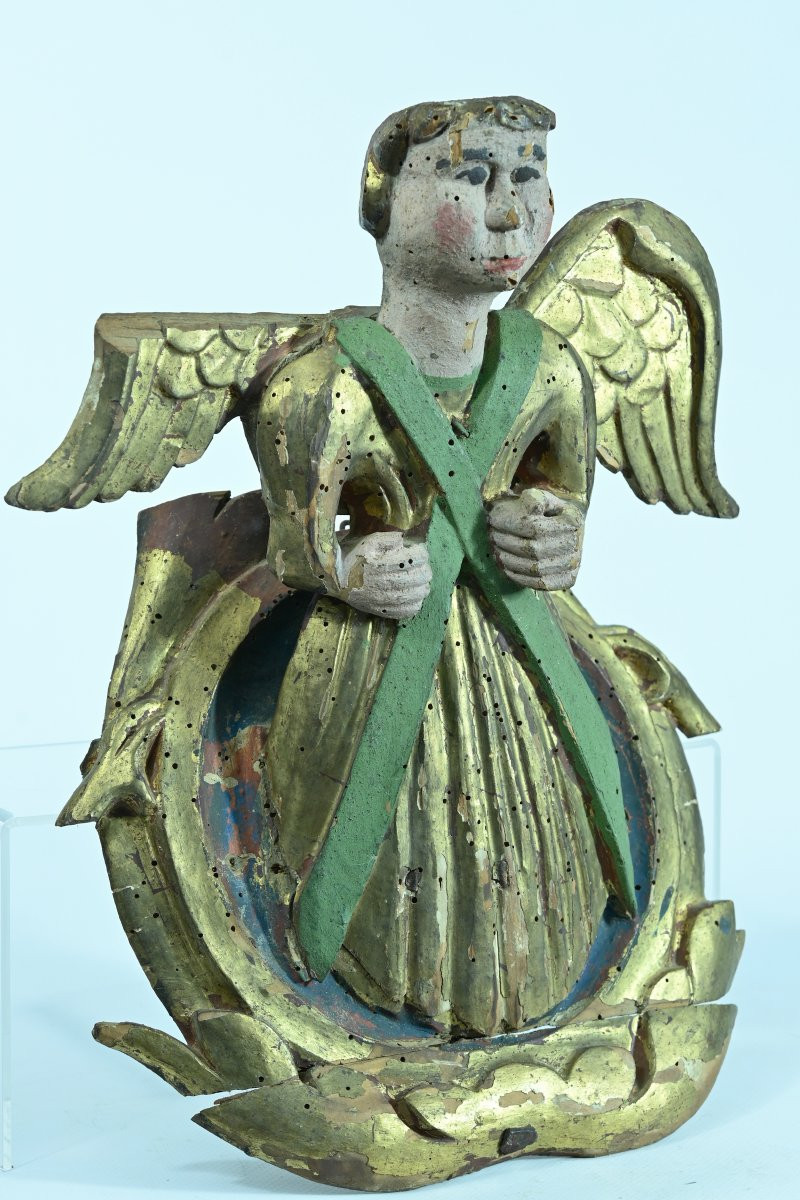 Antique Religious Wall Angel Gilded Wood Carved Polychrome 17th Baroque Saint Jacques -photo-2