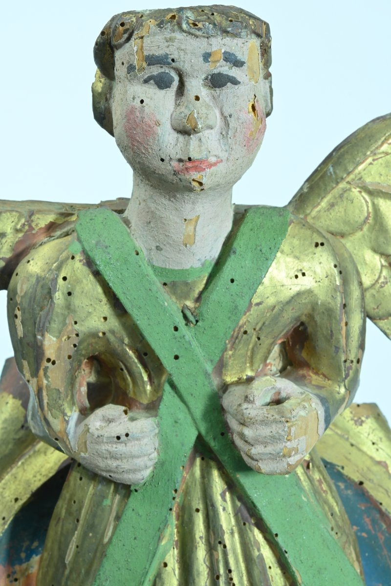 Ancien Ange d'Applique Art Populaire Bois Doré Sculpté Polychrome 17 ème Baroque Saint Jacques -photo-3