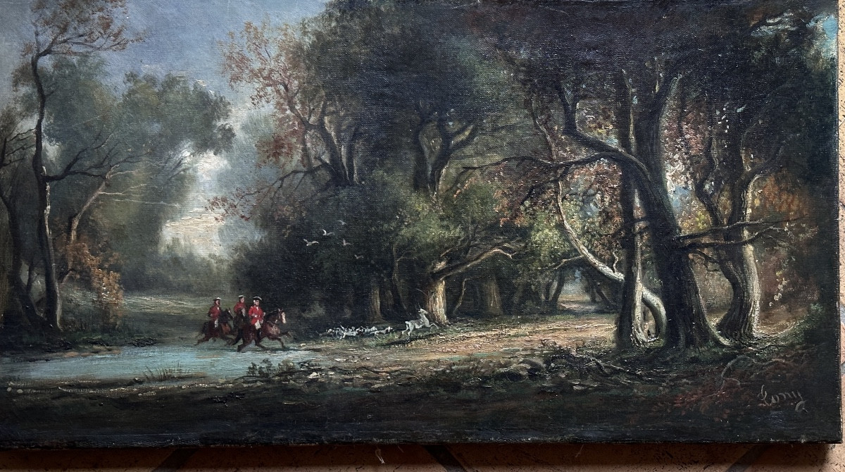 Oil On Canvas Hunting Scene Forest Crew Dogs Deer Barbizon 19th Century-photo-2