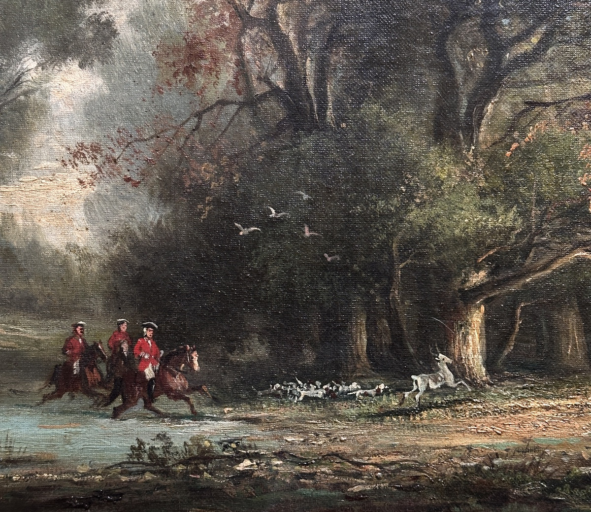 Oil On Canvas Hunting Scene Forest Crew Dogs Deer Barbizon 19th Century-photo-3