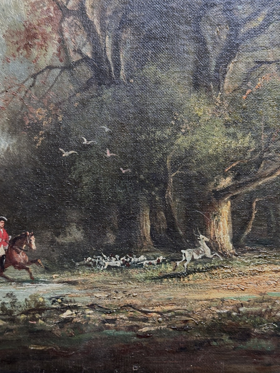 Oil On Canvas Hunting Scene Forest Crew Dogs Deer Barbizon 19th Century-photo-3