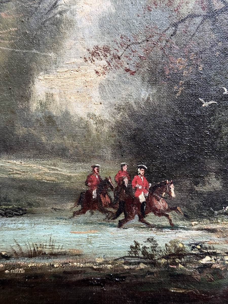 Huile Sur Toile  Scène de Chasse à Courre équipage Chien Cerf Barbizon 19e vénerie  hallali -photo-5