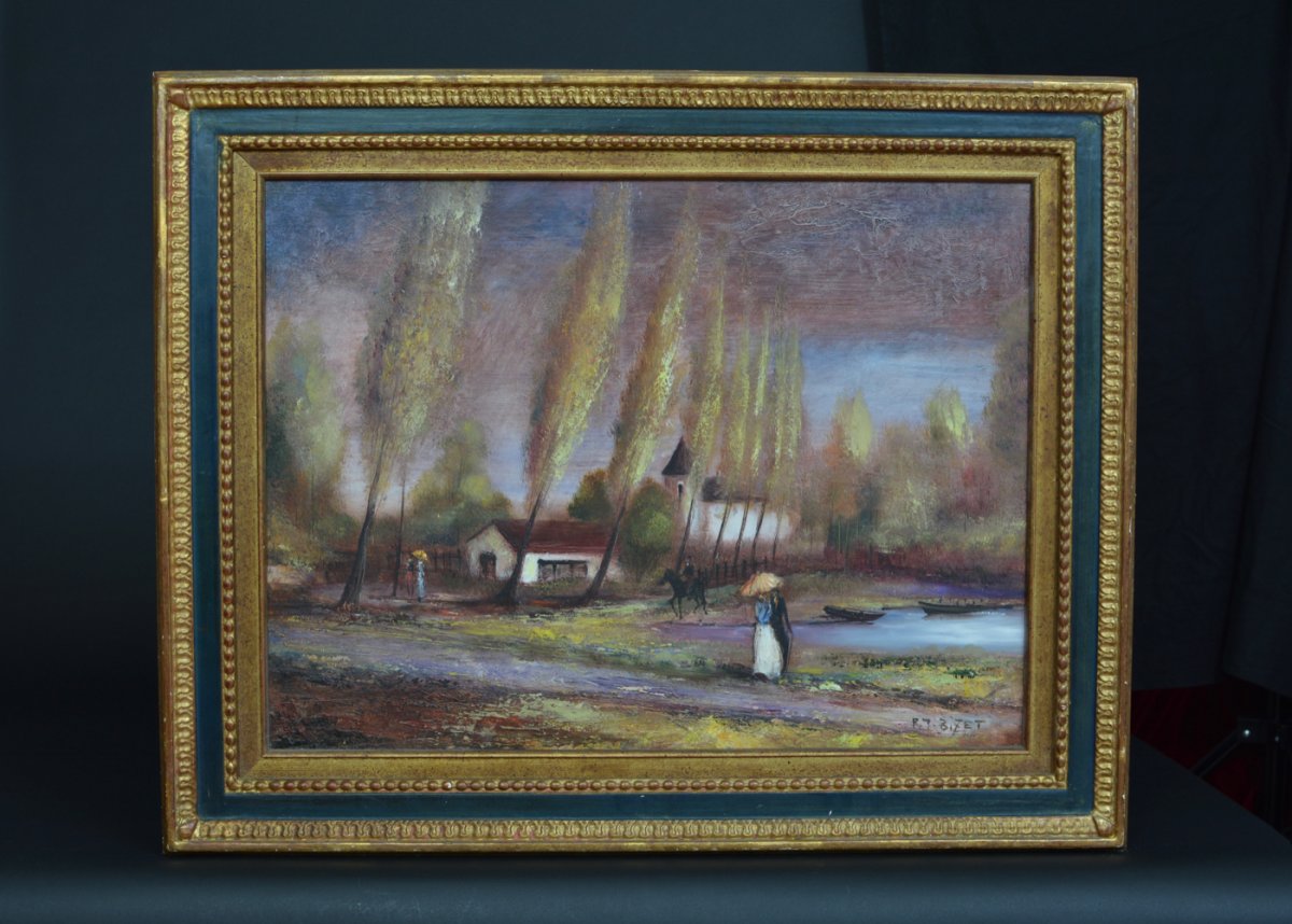 Beautiful Old Landscape Painting With Large Trees And Horsemen Signed Rj Bizet Frame Beaulieu N ° 1-photo-2