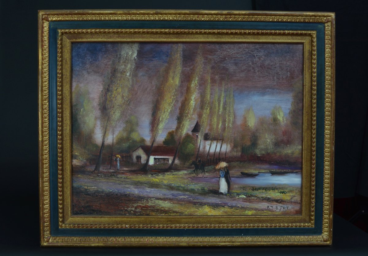 Beautiful Old Landscape Painting With Large Trees And Horsemen Signed Rj Bizet Frame Beaulieu N ° 1-photo-5