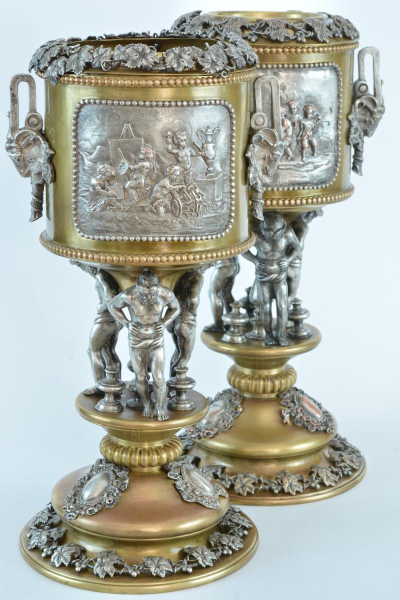Pair Of Large Bottle Cooler In Silver Bronze In Atlas Louis XVI-photo-7