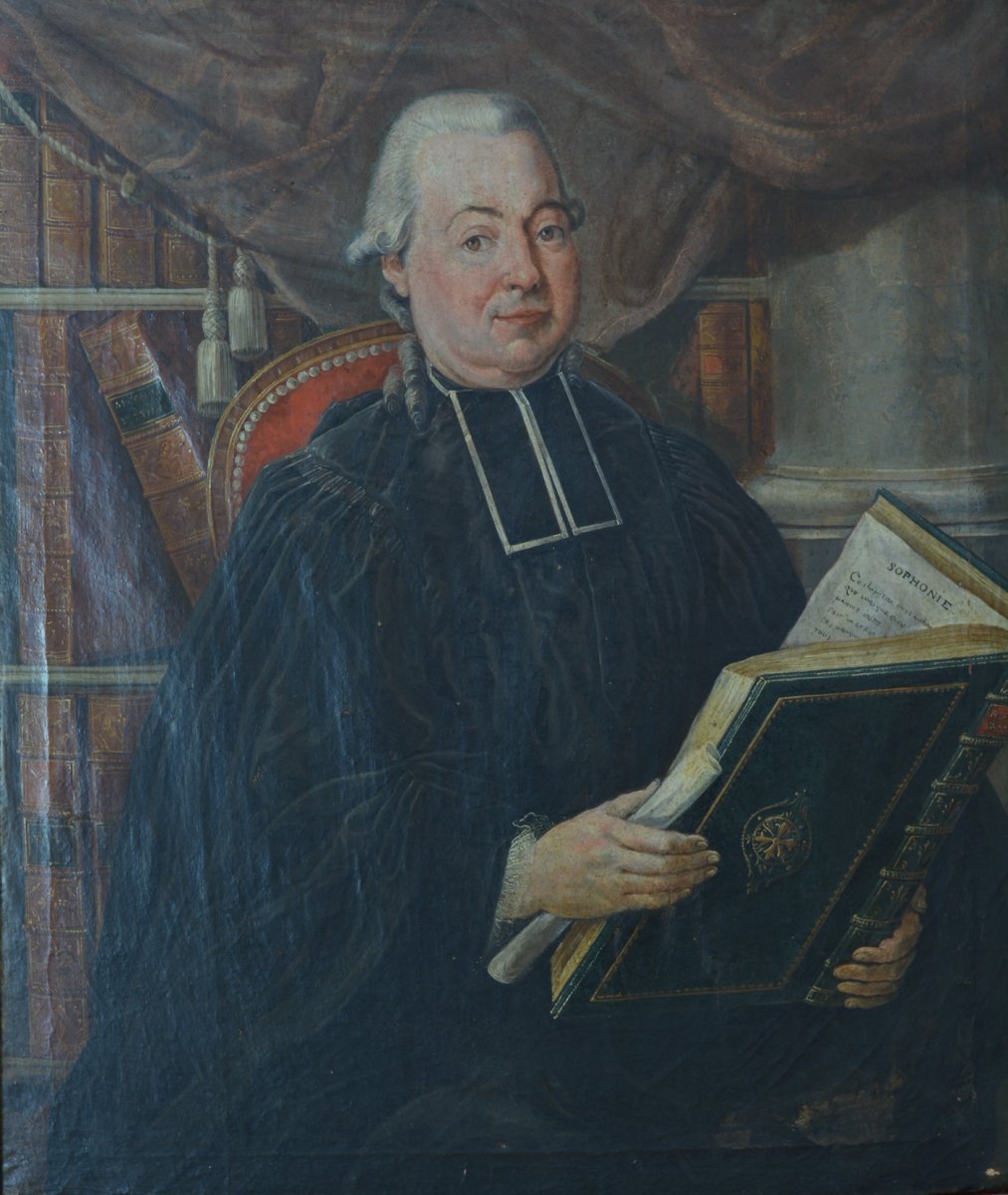   Beau Tableau Ancien Portrait d'Un Abbé Dans Sa Bibliothèque Sophonie 18 ème