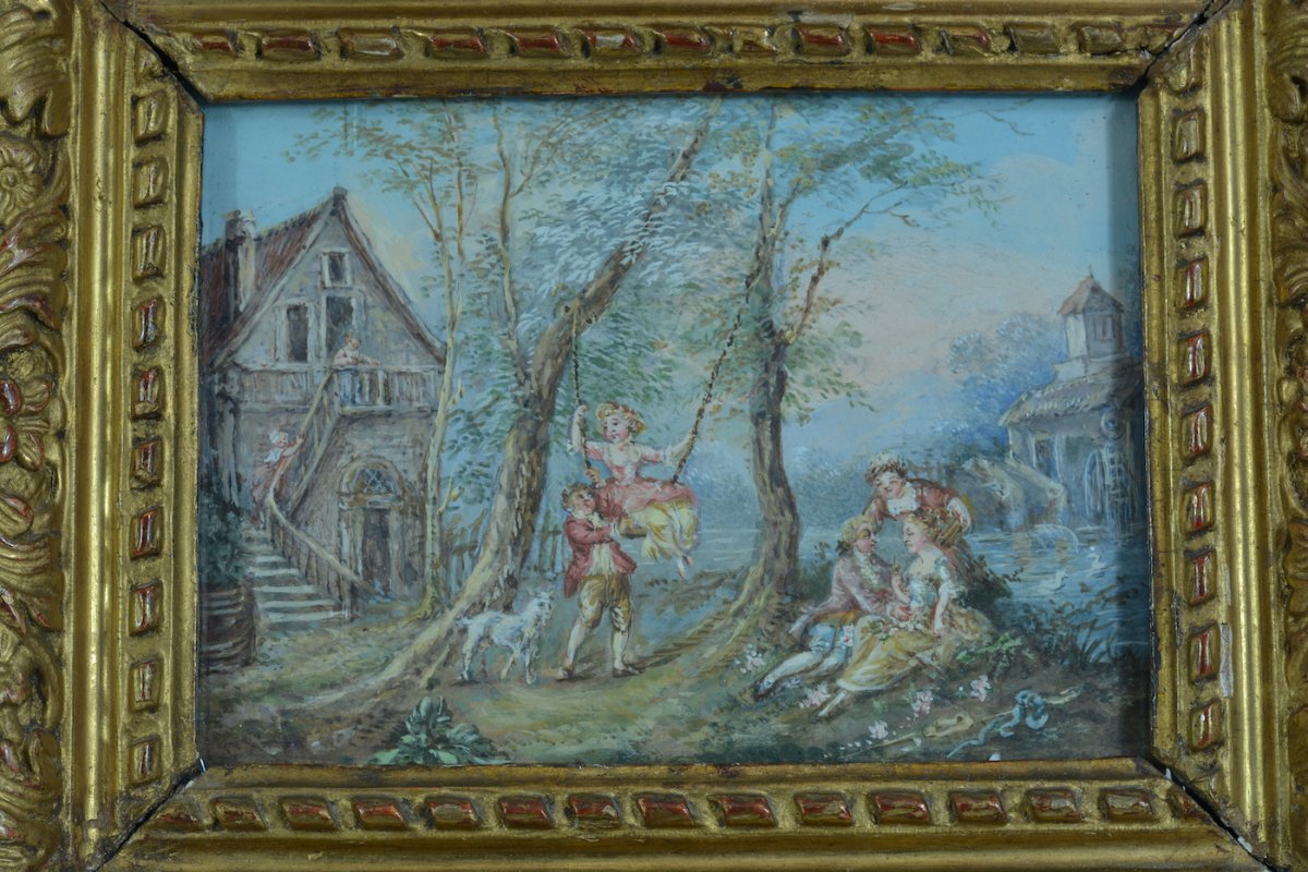 Tableau Ancien Paysage Animée école Française Scène Galante Jeu Balançoire 18 ème  Cadre-photo-4