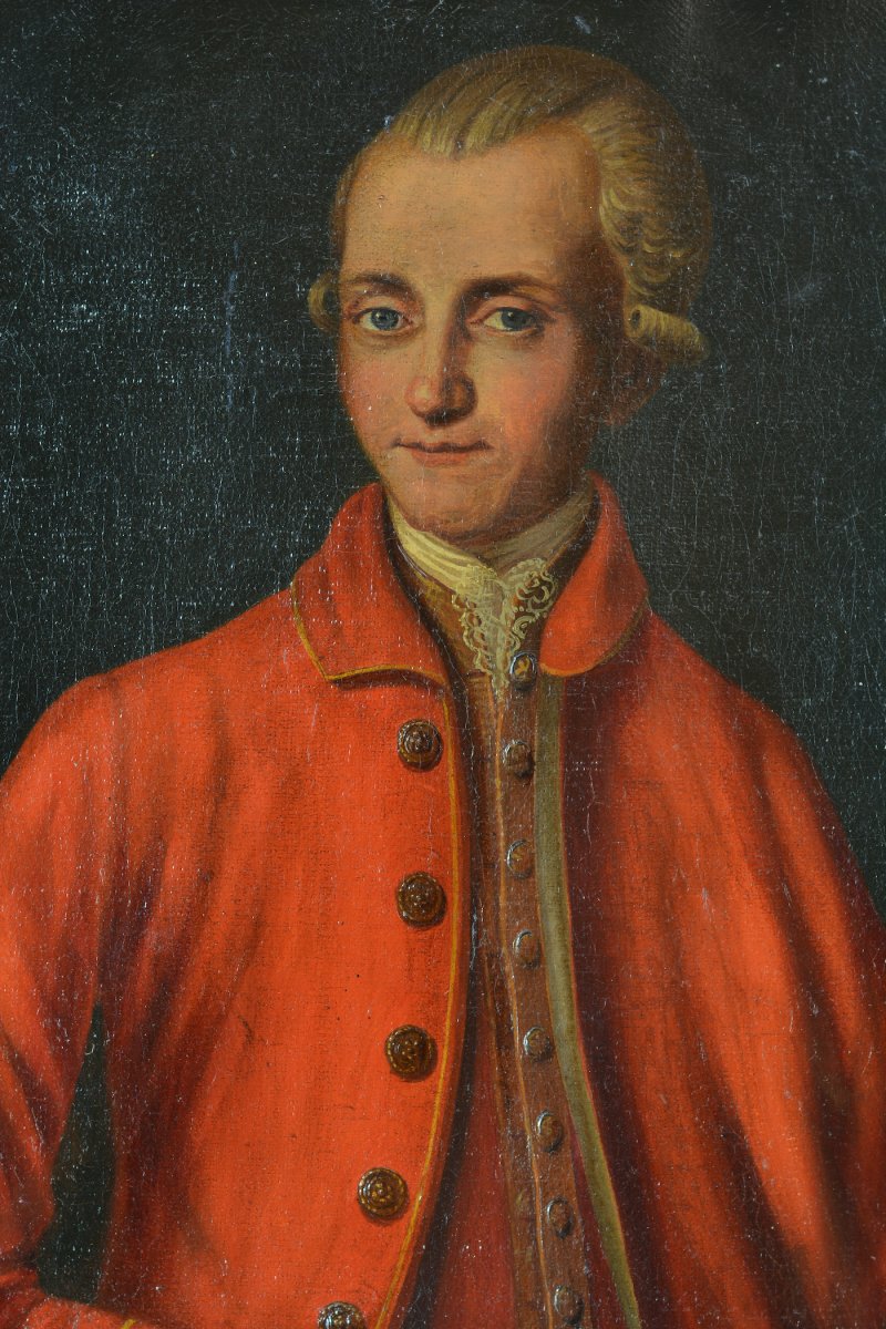 Beautiful Old Painting Portrait Young Man Red Suit Wig Italy 18th-photo-3