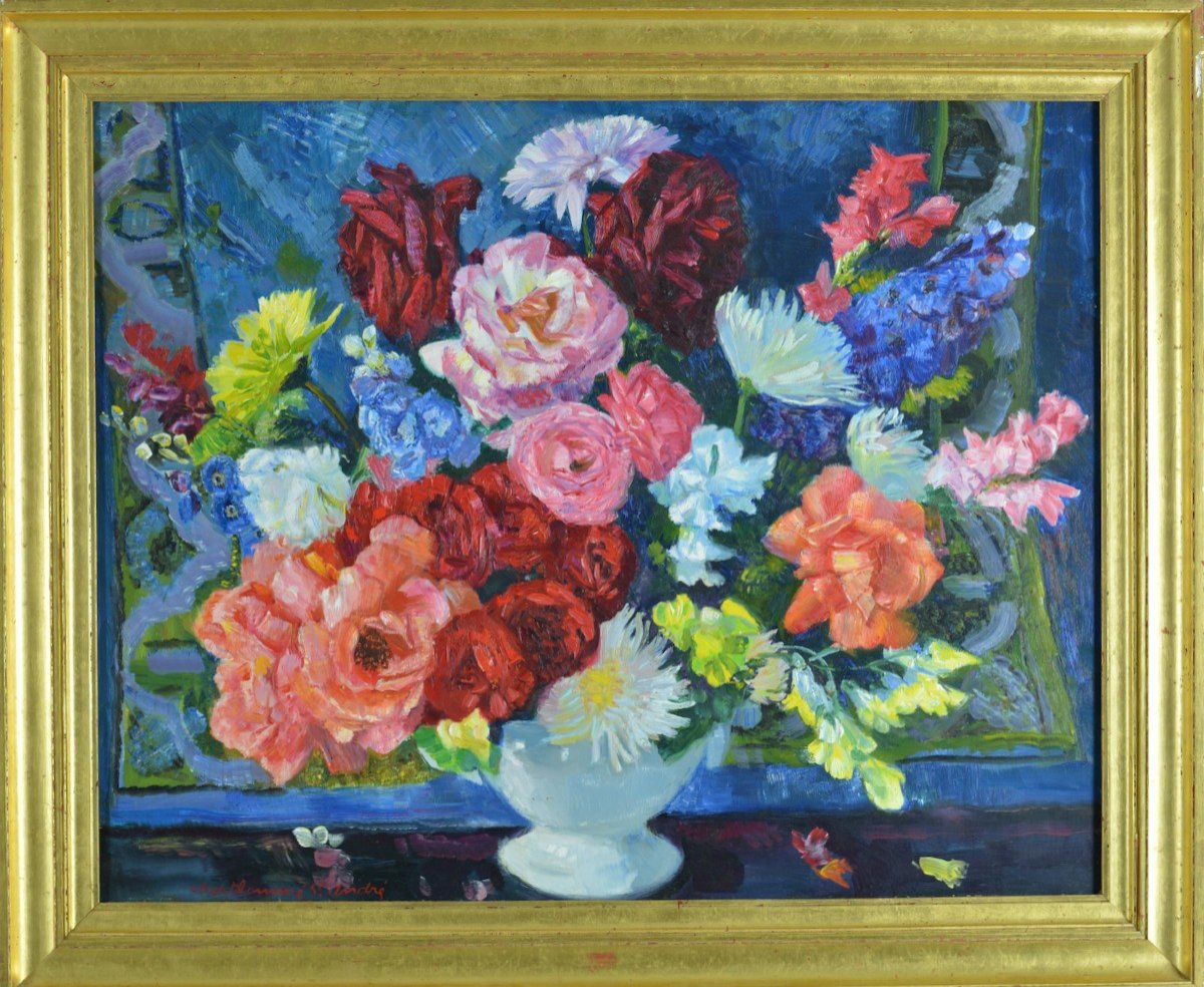 Large Old Painting  Berthommé Saint André Still Life Bouquets Of Flowers Peonies Frame Hst-photo-2