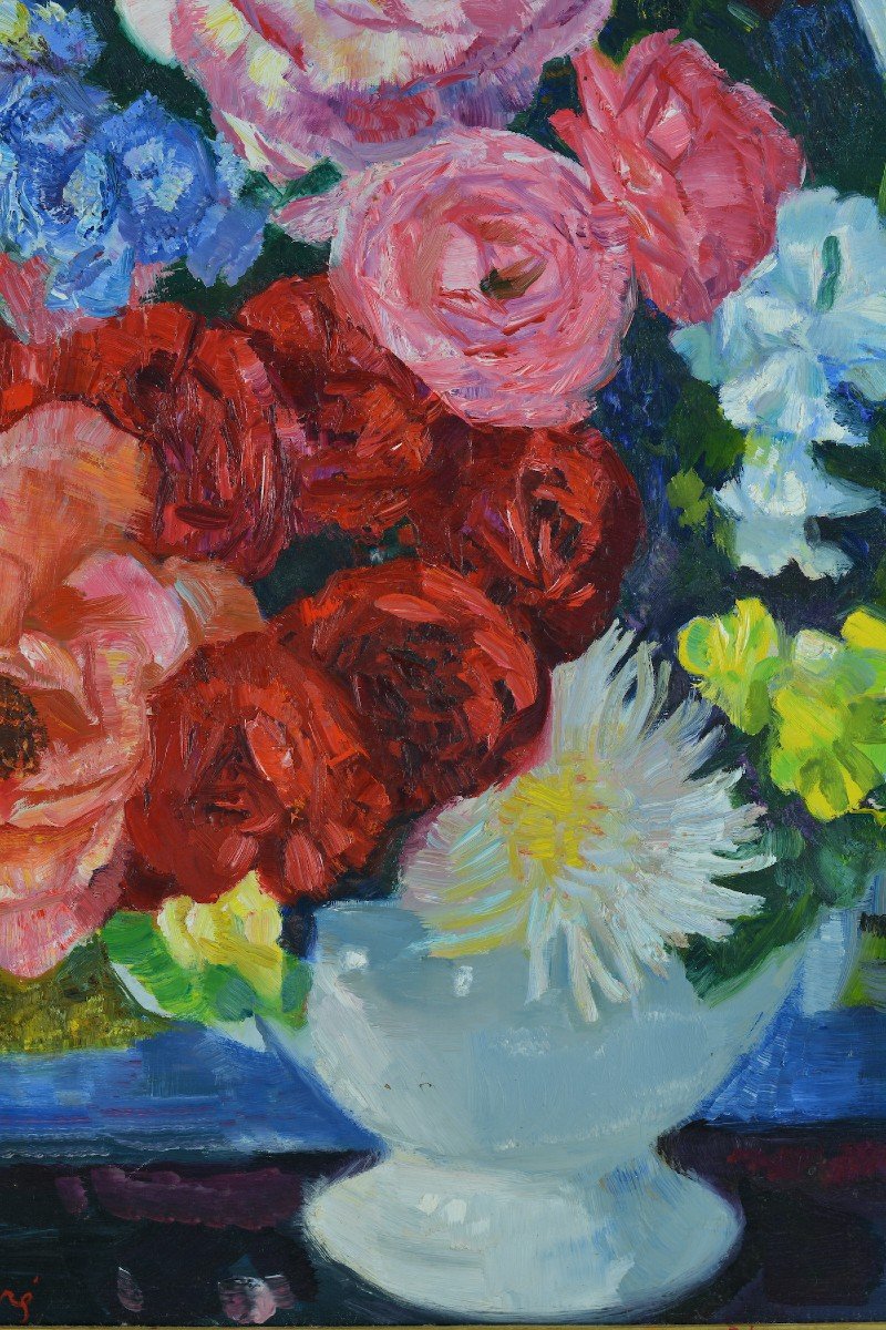 Large Old Painting  Berthommé Saint André Still Life Bouquets Of Flowers Peonies Frame Hst-photo-4