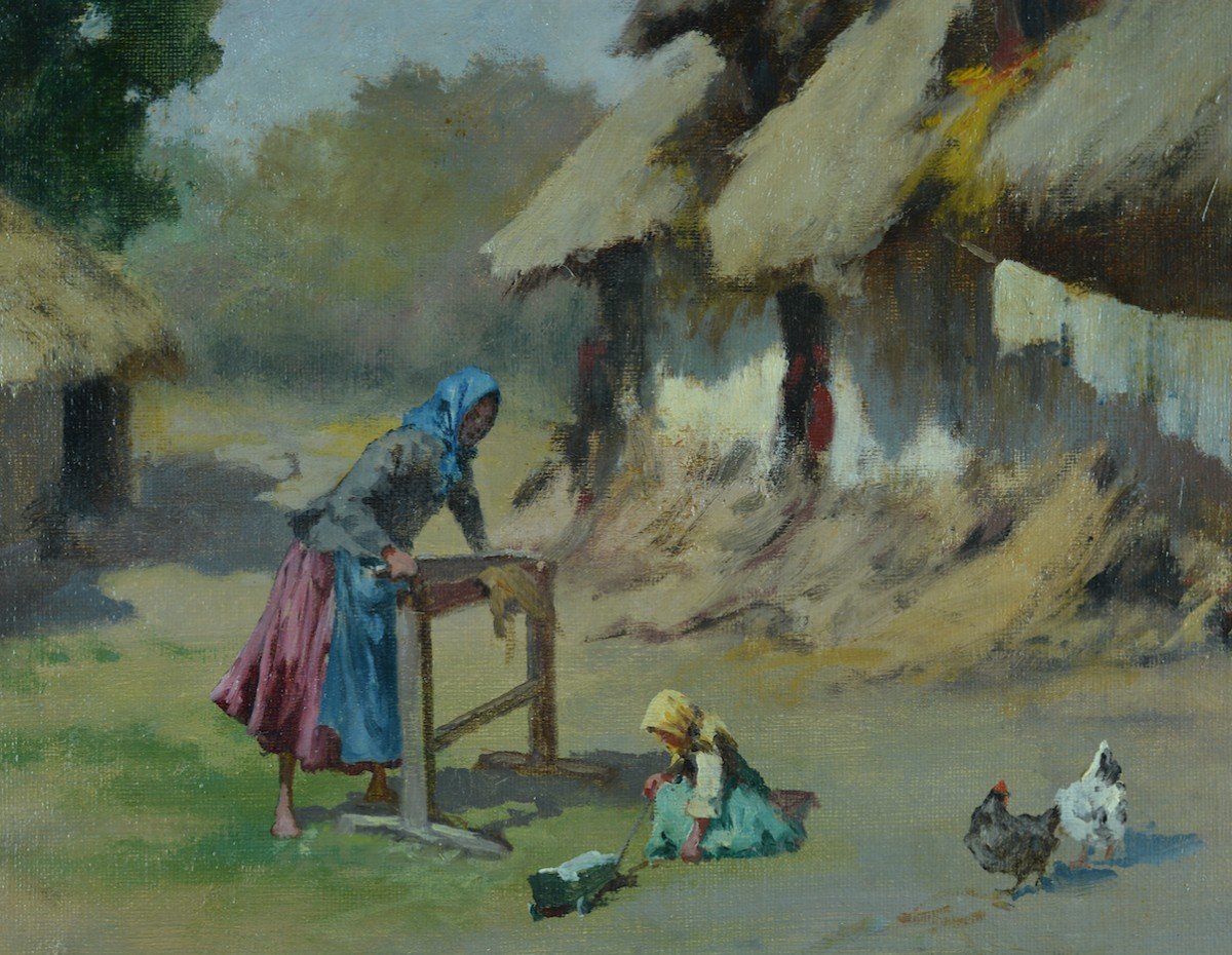 Beau Tableau Ancien Ferme Normande Animée Fillette Jouet Poule Léon Couturier