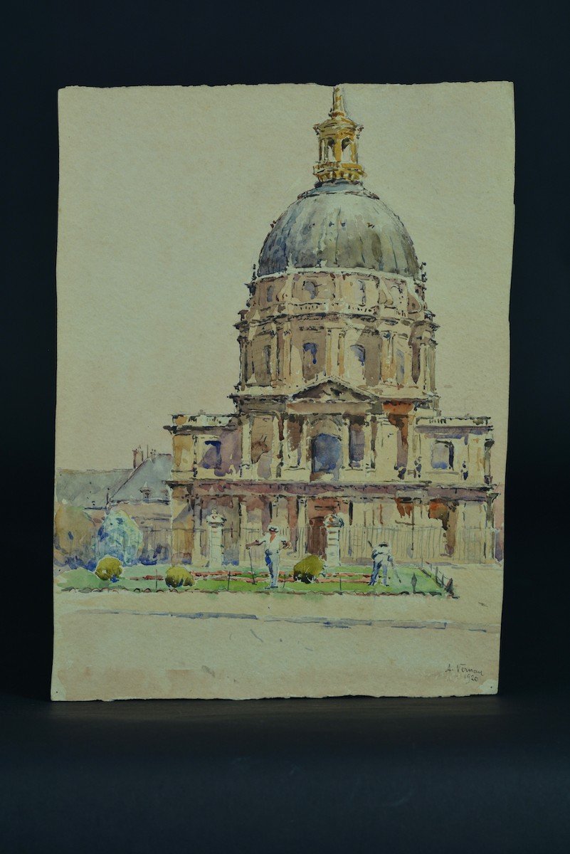 Old Painting Animated View Invalides Paris Gardener Bridge Watercolor Signed X 2 Drawing-photo-2