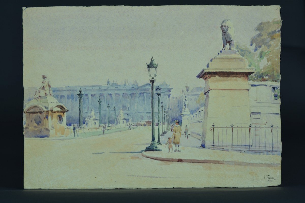 Old Painting Animated View Invalides Paris Gardener Bridge Watercolor Signed X 2 Drawing-photo-3