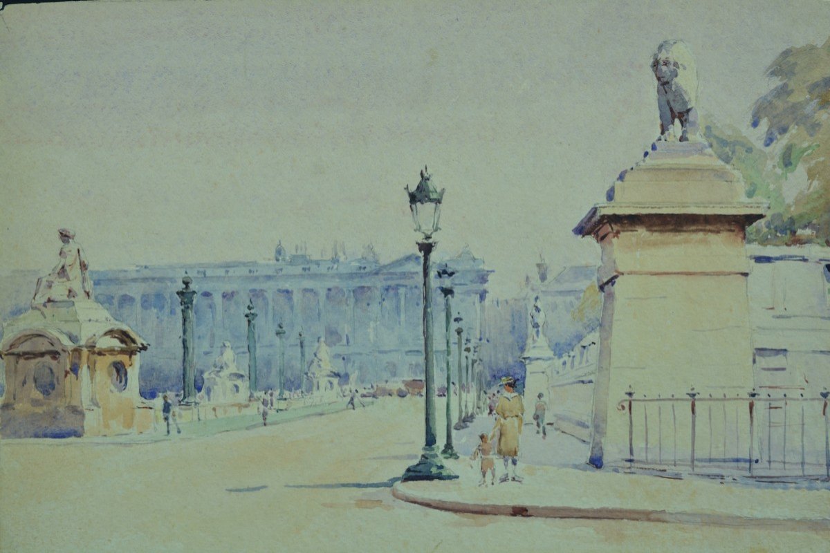 Old Painting Animated View Invalides Paris Gardener Bridge Watercolor Signed X 2 Drawing-photo-4