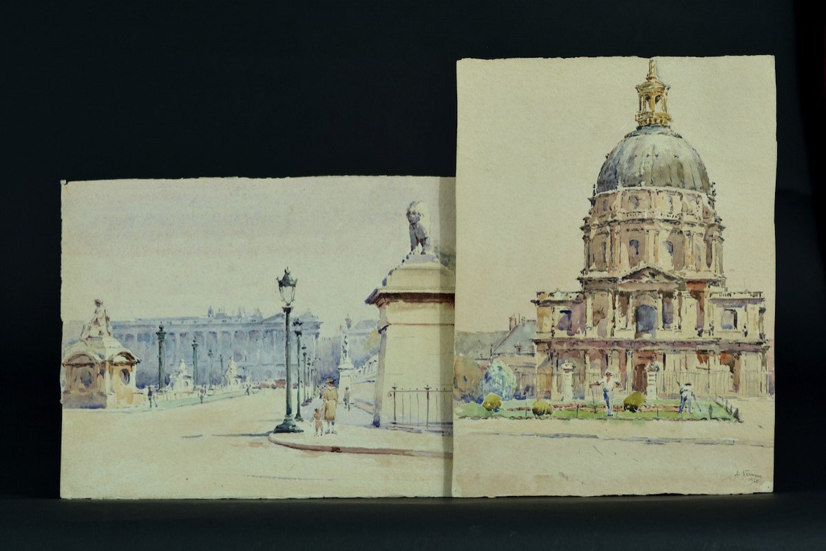 Old Painting Animated View Invalides Paris Gardener Bridge Watercolor Signed X 2 Drawing-photo-8