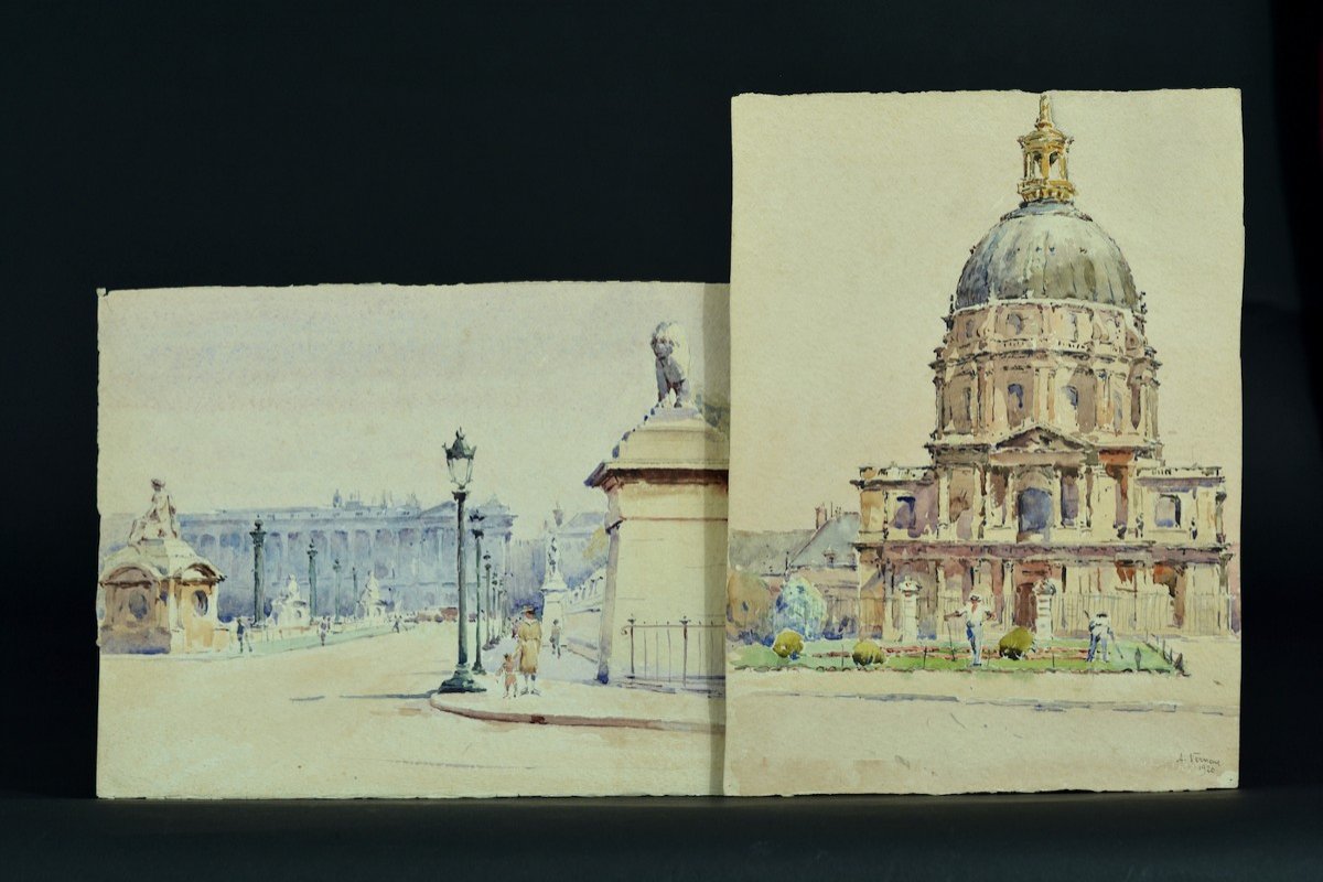 Old Painting Animated View Invalides Paris Gardener Bridge Watercolor Signed X 2 Drawing