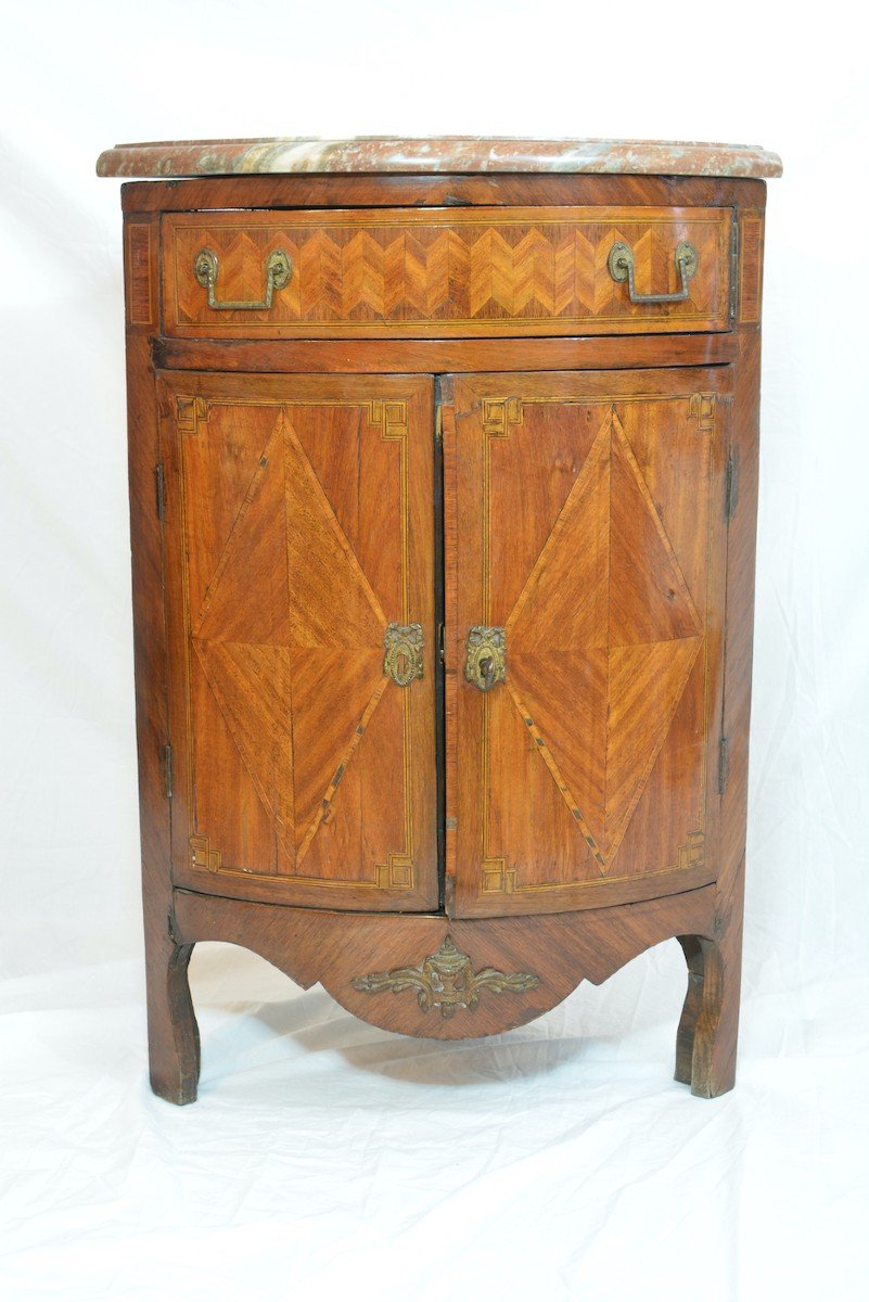 Old Corner Louis XVI Marquetry Angle Marble Storage Cabinet-photo-3