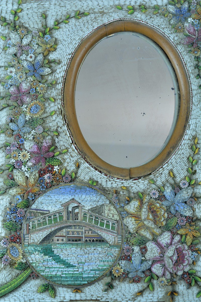 Ancien Grand Miroir Micro Mosaïque Grand Tour Italie Venise Pont Rialto 19 ème Rare-photo-4