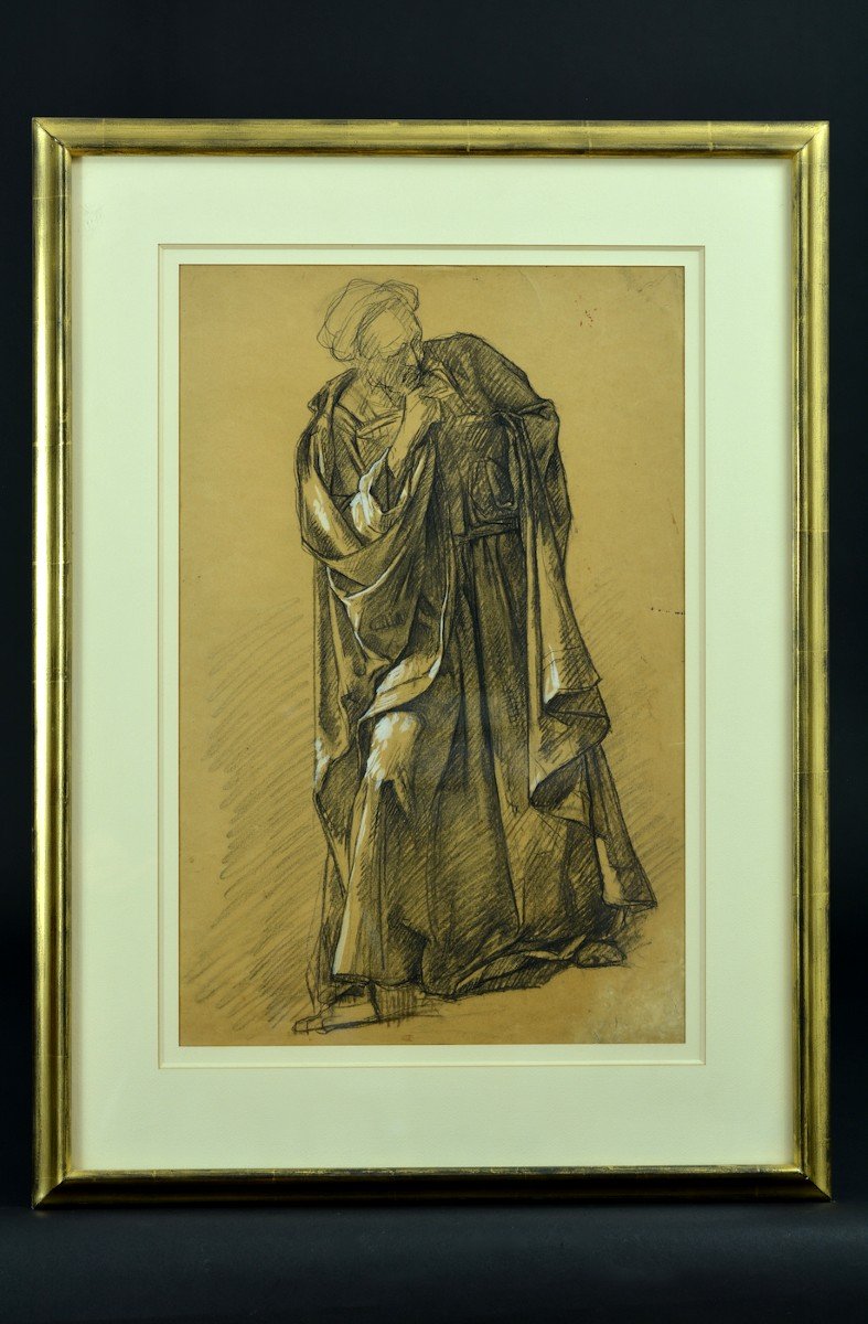 Auguste Bigand Old Painting Drawing Portrait Of A Man On Foot French School Renaissance Rare-photo-6