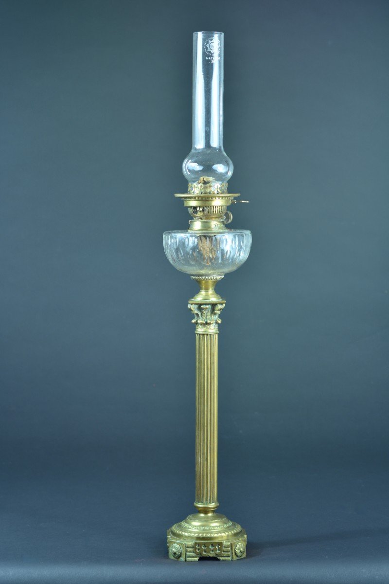 Ancienne Grande Lampe à Pétrole Bronze Baccarat Louis XVI Colonne Corinthienne-photo-2