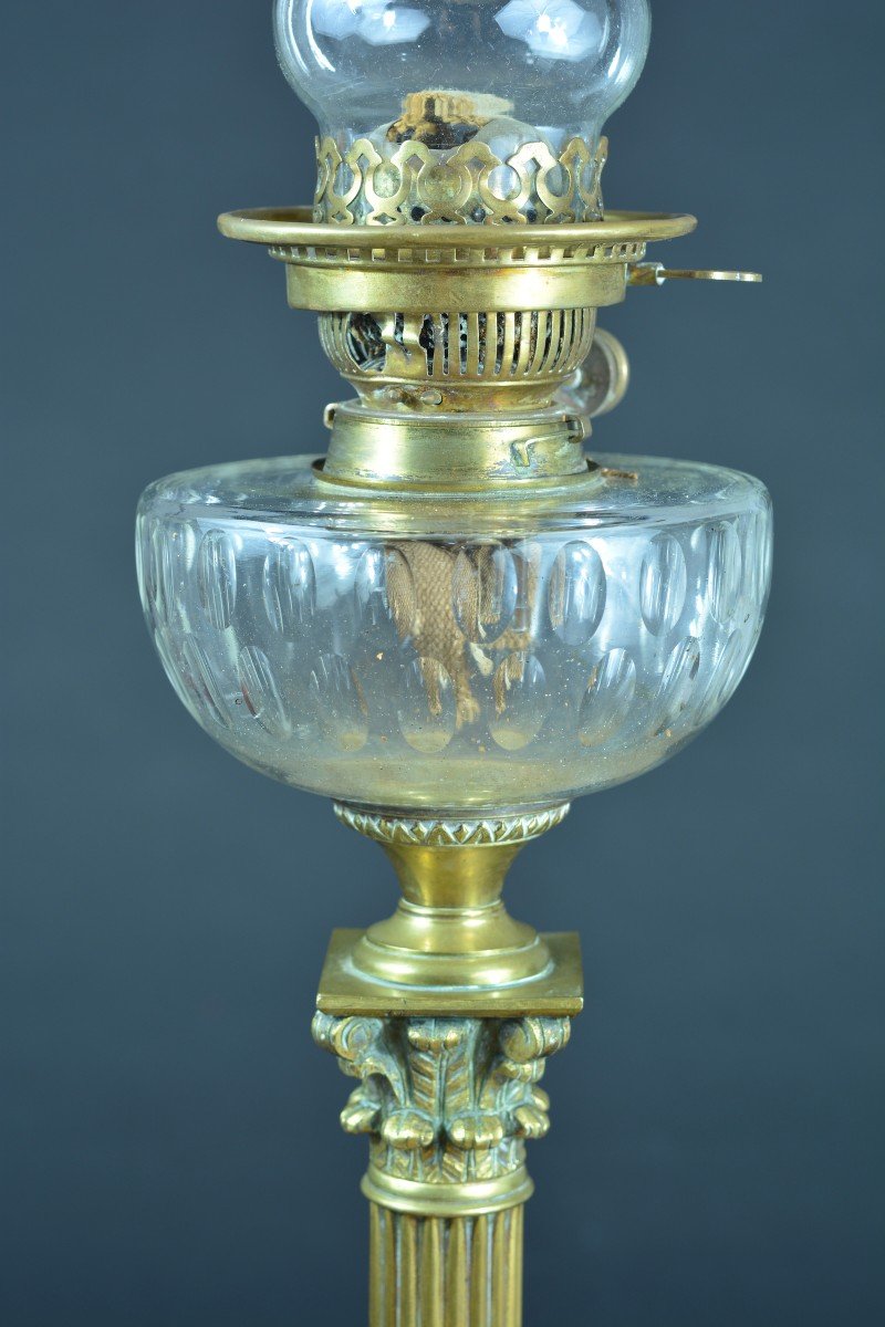 Ancienne Grande Lampe à Pétrole Bronze Baccarat Louis XVI Colonne Corinthienne