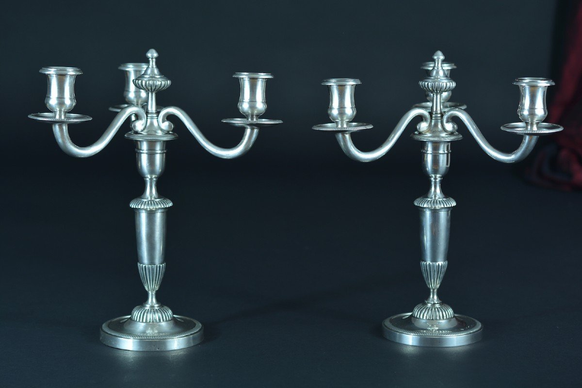 Old Pair Of Louis XIV Candlesticks Silver Bronze Signed 3 Fire 19th Chandelier Lamp-photo-2